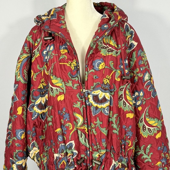 Vintage The Limited Quilted Silk Coat Womens L Large Red Floral Paisley Hooded - Picture 2 of 10